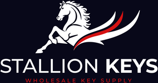 Logo of Stallion Keys with a white horse and red and white accents on a black background.
